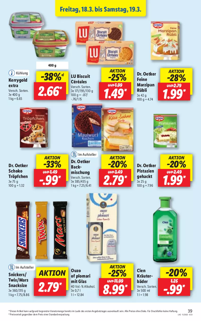 Aktueller Prospekt Lidl - Aktionsprospekt - von 14.03 bis 19.03.2022 - strona 39 - produkty: alkohol, angebot, backmischung, Cien, Dr. Oetker, eis, elle, kerrygold, kerrygold extra, kräuter, mars, marzipan, ouzo, pistazien, preisvorteil, reis, schoko, snack, snacks, snickers, teller, Ti, twix, ZTE