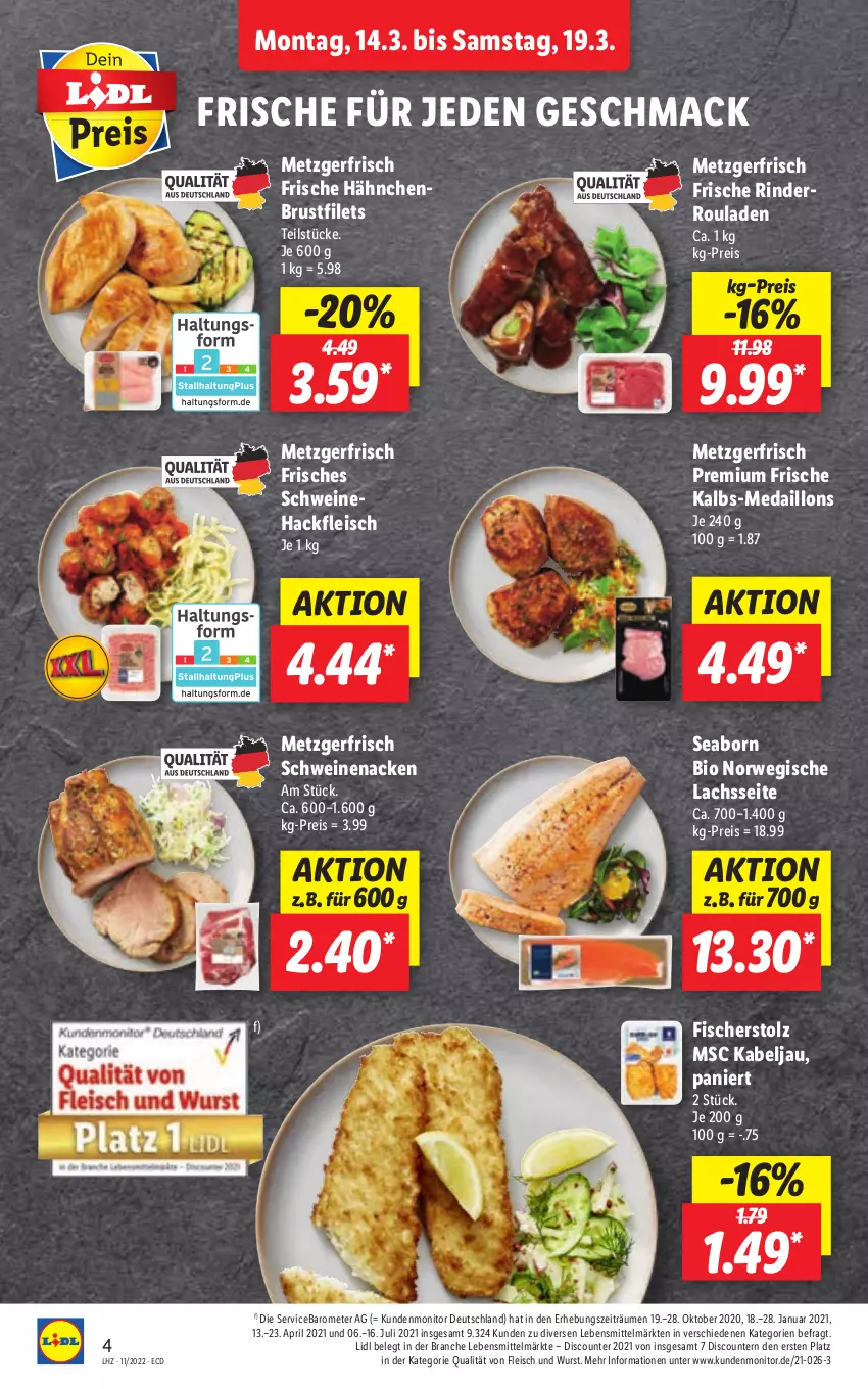 Aktueller Prospekt Lidl - Aktionsprospekt - von 14.03 bis 19.03.2022 - strona 4 - produkty: bio, brustfilet, discount, eis, filet, filets, fisch, fische, Fischer, fleisch, Frische Hähnchen, hackfleisch, hähnchenbrust, hähnchenbrustfilet, lachs, lebensmittel, mac, medaillons, monitor, pril, reis, rind, rinder, Rinderroulade, rinderrouladen, rouladen, rwe, schwein, schweine, Schweinehackfleisch, schweinenacken, Ti, wein, weine, wurst