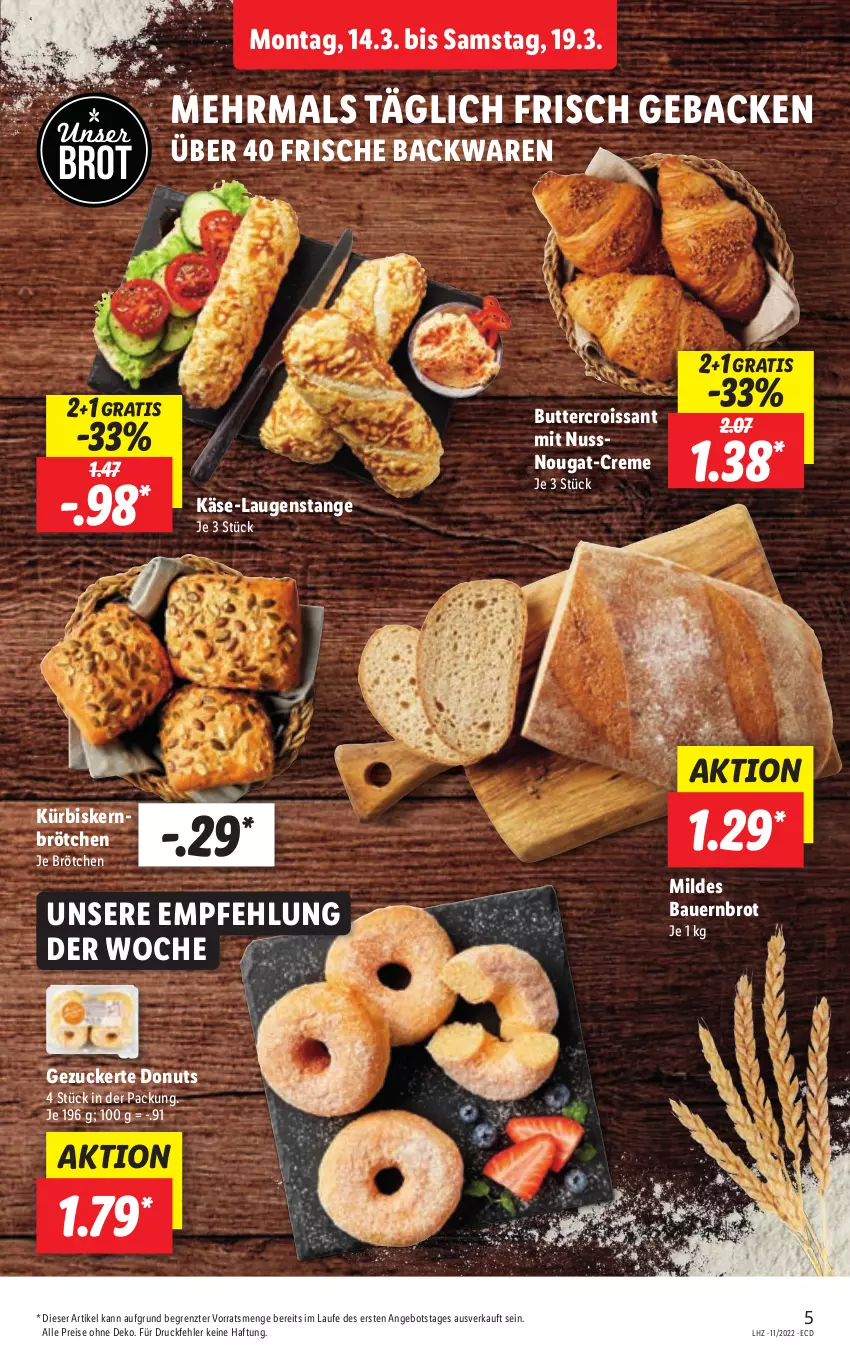 Aktueller Prospekt Lidl - Aktionsprospekt - von 14.03 bis 19.03.2022 - strona 5 - produkty: angebot, auer, backwaren, Bau, Bauer, brot, brötchen, butter, creme, Croissant, Donut, donuts, eis, frische backwaren, geback, Käse, Kürbis, Kürbiskernbrötchen, Laugenstange, nuss, reis, Ti, ZTE, zucker