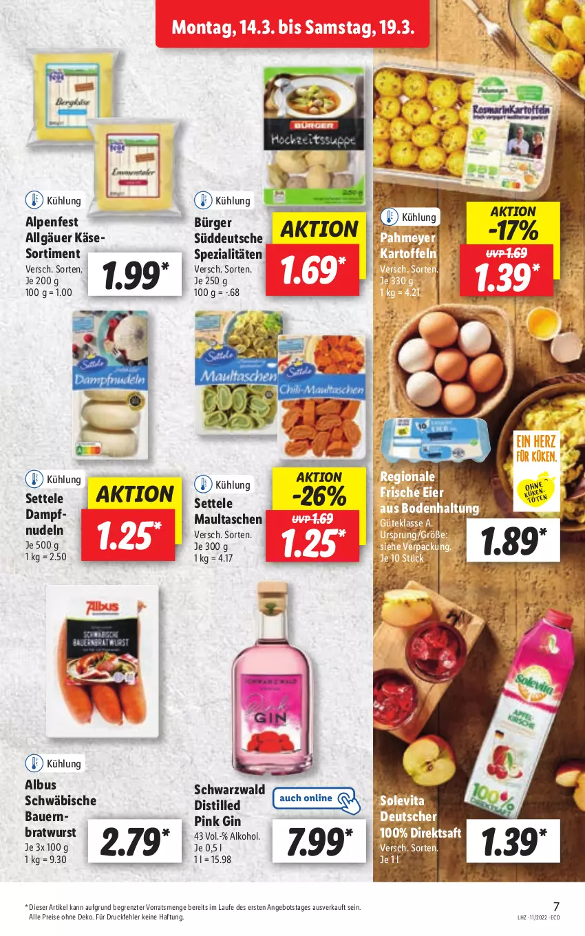 Aktueller Prospekt Lidl - Aktionsprospekt - von 14.03 bis 19.03.2022 - strona 7 - produkty: alkohol, angebot, auer, Bau, Bauer, bratwurst, direktsaft, eier, eis, gin, kartoffel, kartoffeln, Käse, LG, maultaschen, nudel, nudeln, reis, saft, settele, Spezi, Tasche, taschen, Ti, vita, wurst, ZTE