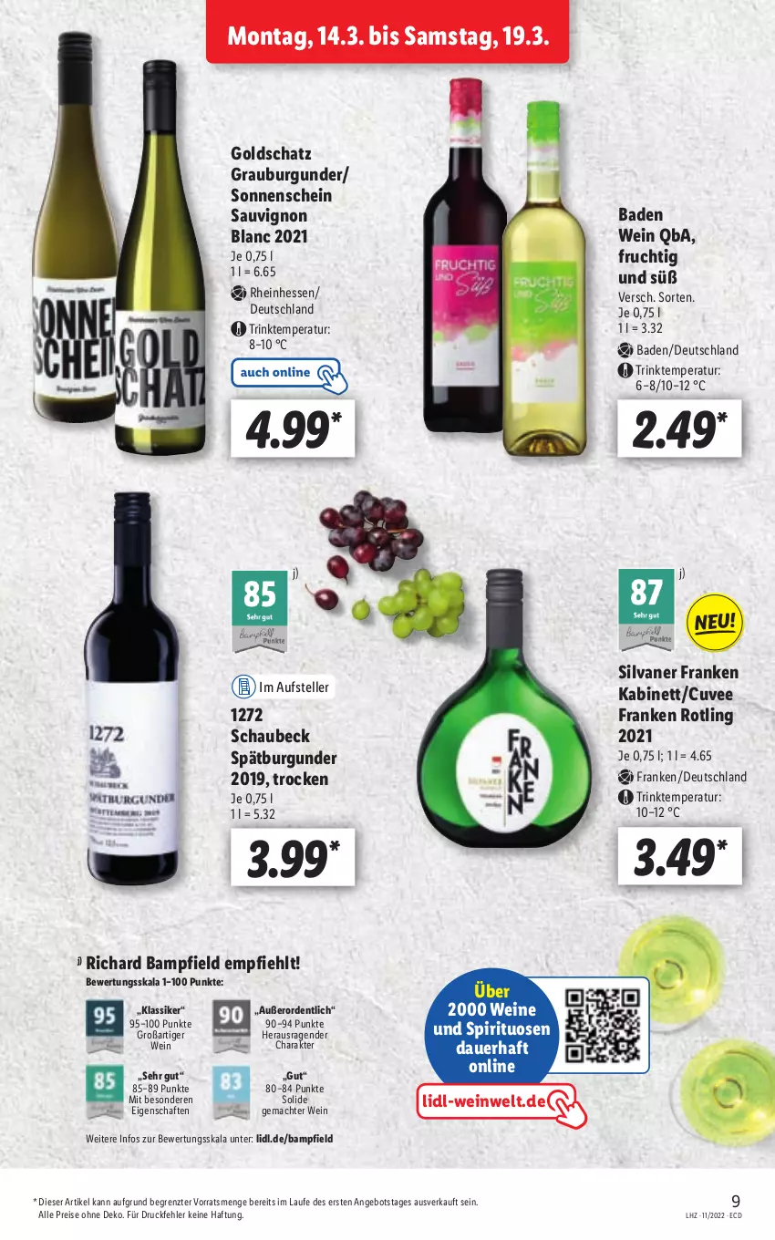 Aktueller Prospekt Lidl - Aktionsprospekt - von 14.03 bis 19.03.2022 - strona 9 - produkty: angebot, auer, Bad, burgunder, eis, elle, frucht, grauburgunder, kabinett, mac, reis, sauvignon, sauvignon blanc, silvaner, spätburgunder, spirituosen, teller, Ti, wein, weine, ZTE