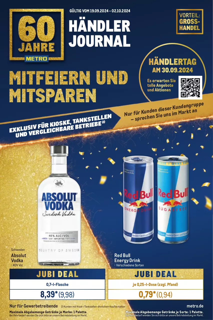 Aktueller Prospekt Metro - Händler Journal - von 19.09 bis 02.10.2024 - strona 1 - produkty: Absolut Vodka, angebot, angebote, drink, elle, energy drink, flasche, getränk, getränke, Metro, Palette, red bull, Ti, vodka