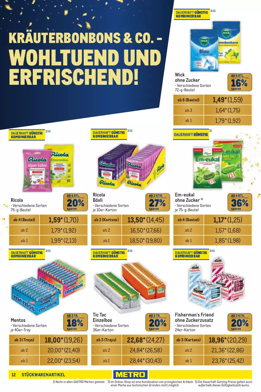 Aktueller Prospekt Metro - Händler Journal - von 19.09 bis 02.10.2024 - strona 12 - produkty: auer, beutel, bonbons, cola, eis, kräuter, mentos, reis, Ricola, Ti, WICK, zucker