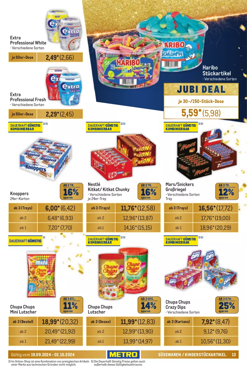 Aktueller Prospekt Metro - Händler Journal - von 19.09 bis 02.10.2024 - strona 13 - produkty: auer, beutel, chupa, chupa chups, dip, eis, haribo, Kinder, kitkat, knoppers, Lutscher, mars, nestlé, reis, riegel, snickers, süsswaren, Ti