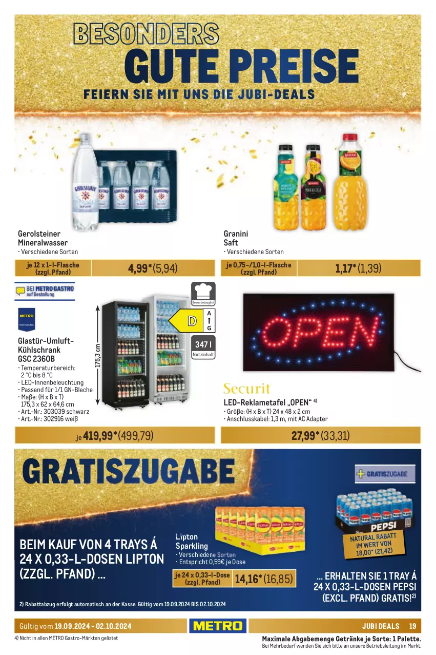 Aktueller Prospekt Metro - Händler Journal - von 19.09 bis 02.10.2024 - strona 19 - produkty: adapter, Alwa, auto, beleuchtung, flasche, gerolsteine, gerolsteiner, getränk, getränke, Glastür, granini, kühlschrank, LG, lipton, Metro, metro gastro, mineralwasser, natur, natura, Palette, pepsi, saft, Schrank, steiner, Ti, tisch, wasser