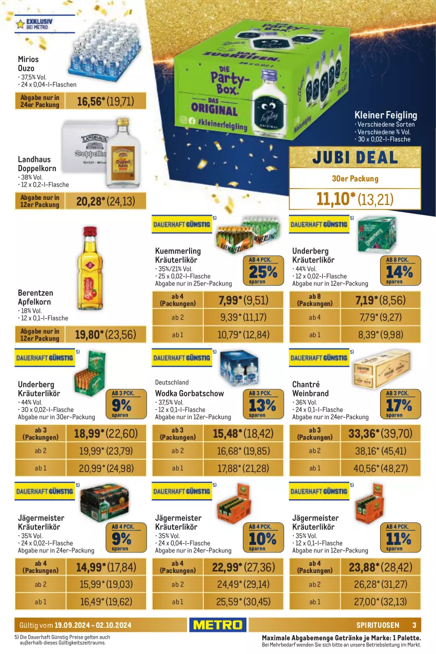 Aktueller Prospekt Metro - Händler Journal - von 19.09 bis 02.10.2024 - strona 3 - produkty: apfel, auer, berentzen, chantré, doppelkorn, eis, flasche, Germ, getränk, getränke, Gorbatschow, jägermeister, kleiner feigling, korn, kräuter, kräuterlikör, kuemmerling, leine, likör, Meister, merl, ouzo, Palette, reis, spirituosen, Ti, underberg, wein, weinbrand, wodka