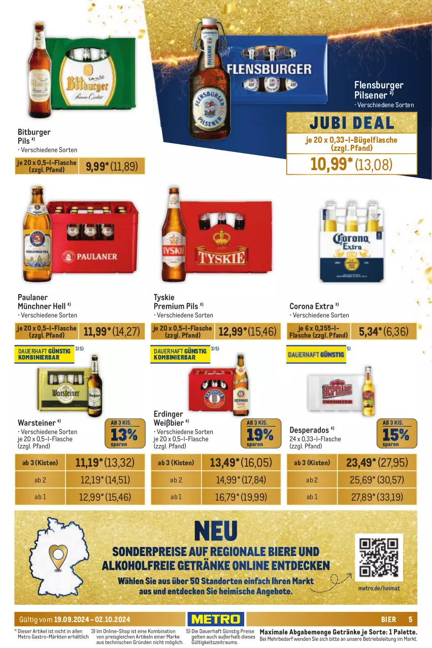 Aktueller Prospekt Metro - Händler Journal - von 19.09 bis 02.10.2024 - strona 5 - produkty: auer, bier, bitburger, bitburger pils, bügel, bügelflasche, burger, corona, corona extra, desperados, eis, erdinger, flasche, flensburger, getränk, getränke, Metro, metro gastro, Palette, Paula, paulaner, pils, pilsener, premium pils, reis, steiner, Ti, tyskie, warsteiner