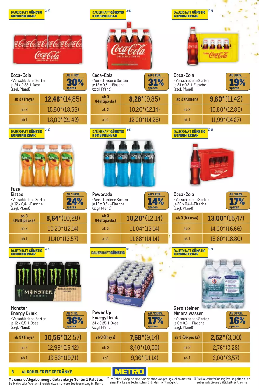 Aktueller Prospekt Metro - Händler Journal - von 19.09 bis 02.10.2024 - strona 8 - produkty: alkohol, alkoholfreie getränke, Alwa, auer, coca-cola, cola, drink, eis, eistee, energy drink, flasche, gerolsteine, gerolsteiner, getränk, getränke, mineralwasser, monster, Monster Energy, Palette, reis, steiner, tee, Ti, wasser