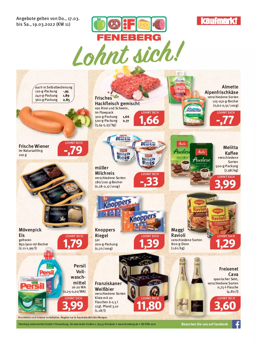 Aktueller Prospekt Feneberg - Prospekte - von 17.03 bis 19.03.2022 - strona 1 - produkty: almette, alpenfrischkäse, angebot, angebote, Becher, bier, Cava, eis, flasche, fleisch, franziskaner, freixenet, frischkäse, hackfleisch, hackfleisch gemischt, kaffee, Käse, knoppers, lebensmittel, maggi, melitta, Mett, milch, milchreis, mövenpick, mövenpick eis, Müller, natur, persil, ravioli, reis, riegel, rind, schwein, sekt, vollwaschmittel, waschmittel, wein, wiener