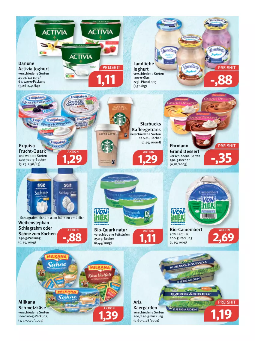 Aktueller Prospekt Feneberg - Prospekte - von 17.03 bis 19.03.2022 - strona 7 - produkty: activia, activia joghurt, arla, Becher, bio, camembert, danone, danone activia, dessert, ehrmann, Ehrmann Grand Dessert, eis, exquisa, frucht, getränk, joghur, joghurt, kaffee, Käse, landliebe, landliebe joghurt, milka, milkana, natur, quark, reis, sahne, schlagrahm, Schmelzkäse, starbucks, Ti, weihenstephan