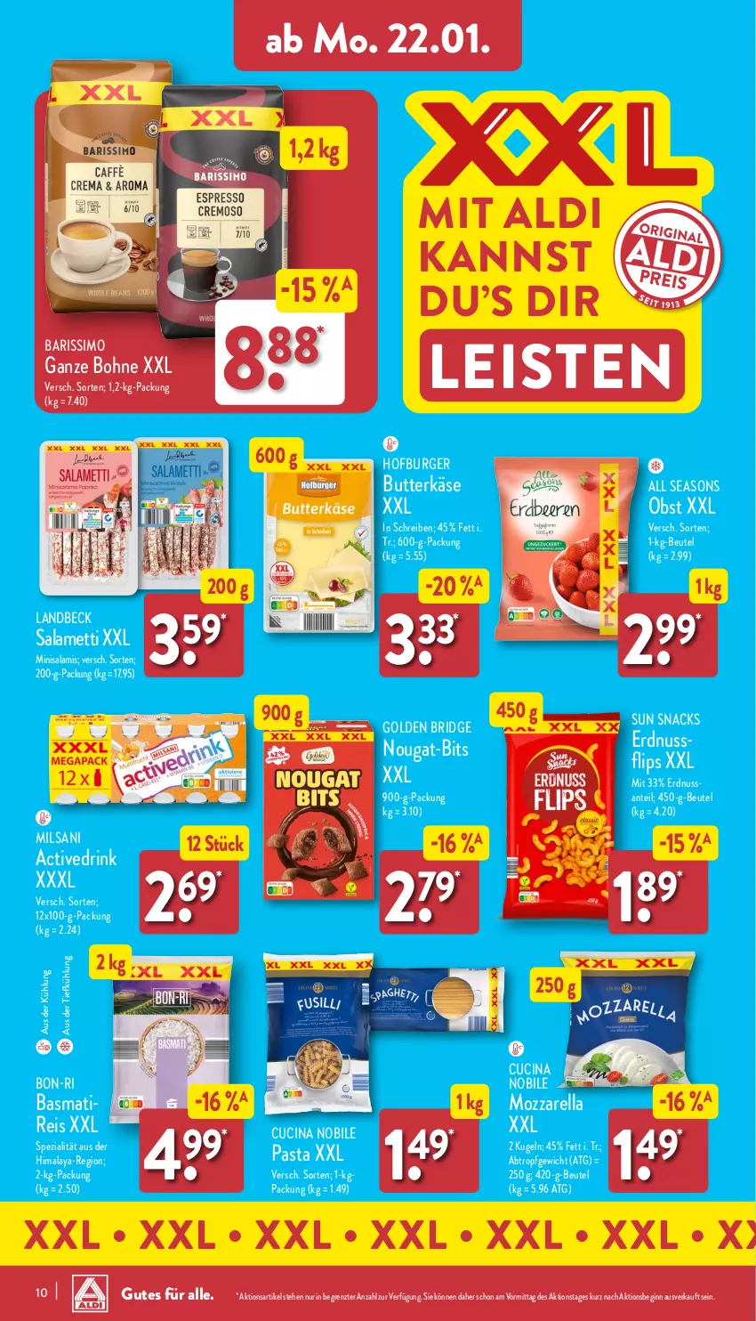 Aktueller Prospekt Aldi Nord - Von Montag - von 22.01 bis 27.01.2024 - strona 10 - produkty: aldi, aus der tiefkühlung, basmati, beutel, bohne, burger, butter, butterkäse, cin, drink, eis, erdnuss, gin, Käse, Kugel, Mett, mozzarella, nuss, obst, pasta, reis, rel, salami, sim, snack, snacks, Spezi, Sun Snacks, Ti, ZTE