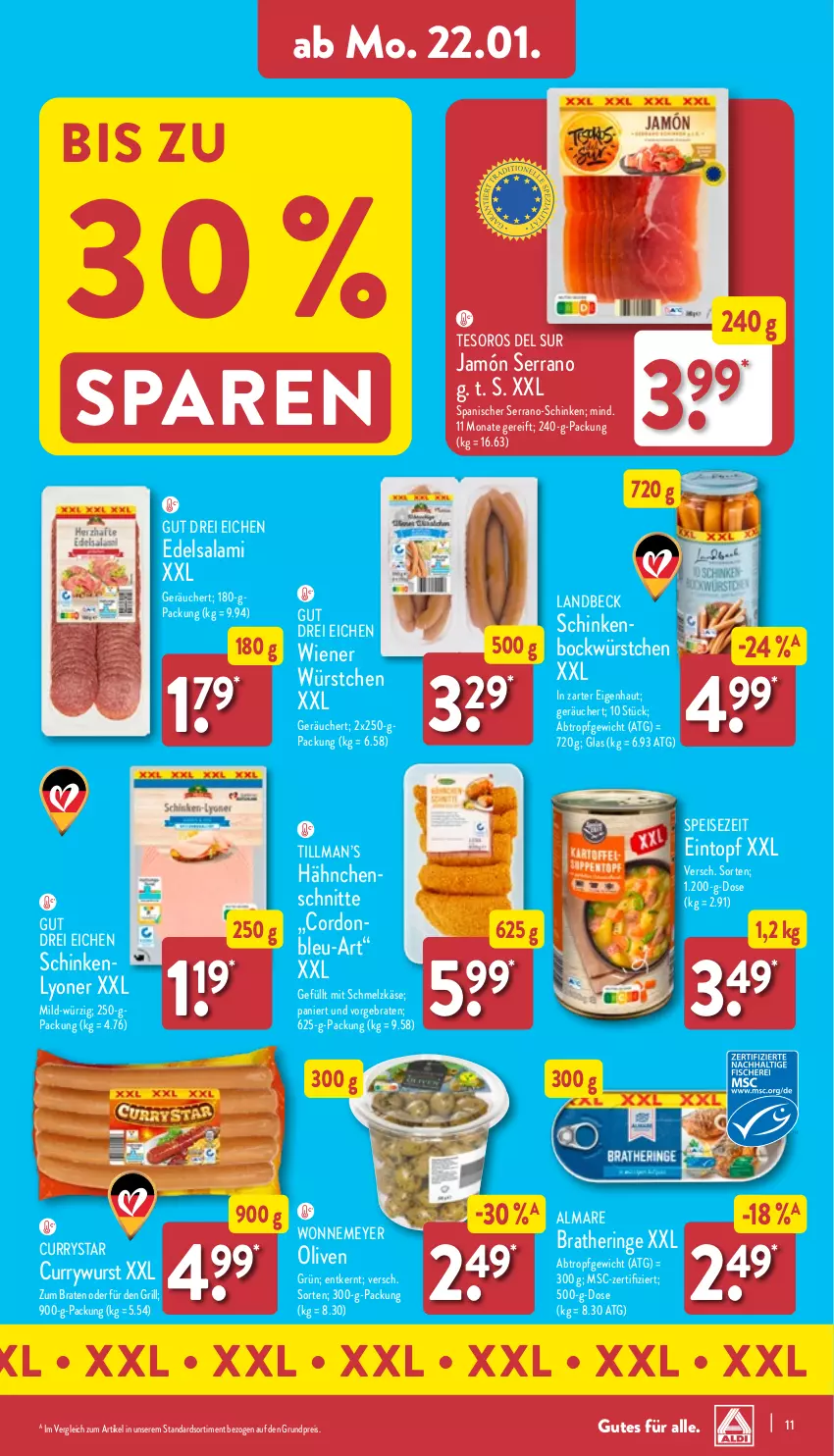 Aktueller Prospekt Aldi Nord - Von Montag - von 22.01 bis 27.01.2024 - strona 11 - produkty: almare, braten, Bratheringe, curry, currywurst, Edelsalami, eintopf, eis, grill, hering, jamón serrano, Käse, lyoner, olive, oliven, reis, ring, salami, schinken, Schmelzkäse, serrano, Ti, topf, wiener, wiener würstchen, wurst, würstchen, Yo