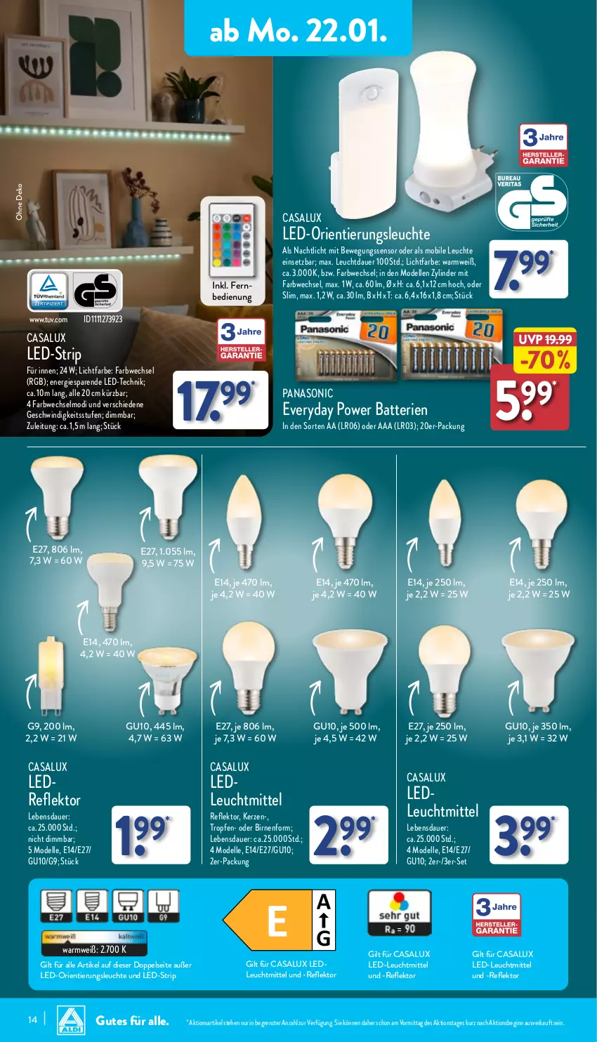 Aktueller Prospekt Aldi Nord - Von Montag - von 22.01 bis 27.01.2024 - strona 14 - produkty: auer, batterie, batterien, Bewegungssensor, Birnen, dell, elle, fernbedienung, gin, kerze, Leuchte, leuchtmittel, Mode, Nachtlicht, panasonic, Ti, ZTE