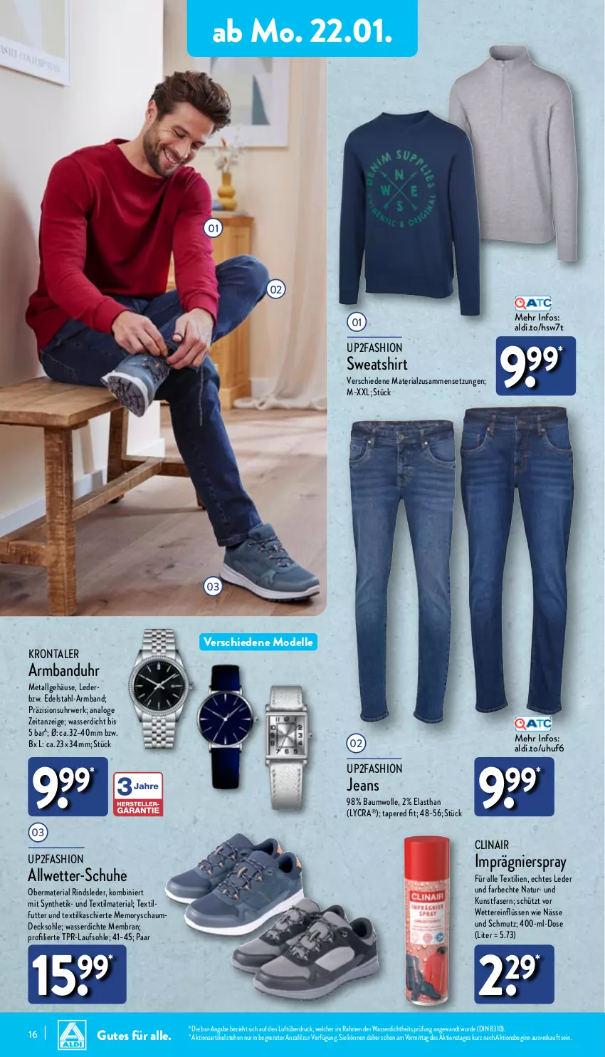 Aktueller Prospekt Aldi Nord - Von Montag - von 22.01 bis 27.01.2024 - strona 16 - produkty: aldi, Armband, Armbanduhr, Bau, baumwolle, Clin, decksohle, dell, edelstahl, elle, gin, jeans, LG, Mode, natur, Ria, rind, rwe, schuhe, shirt, Sweatshirt, Ti, uhr, uhu, up2fashion, wasser, wolle, ZTE