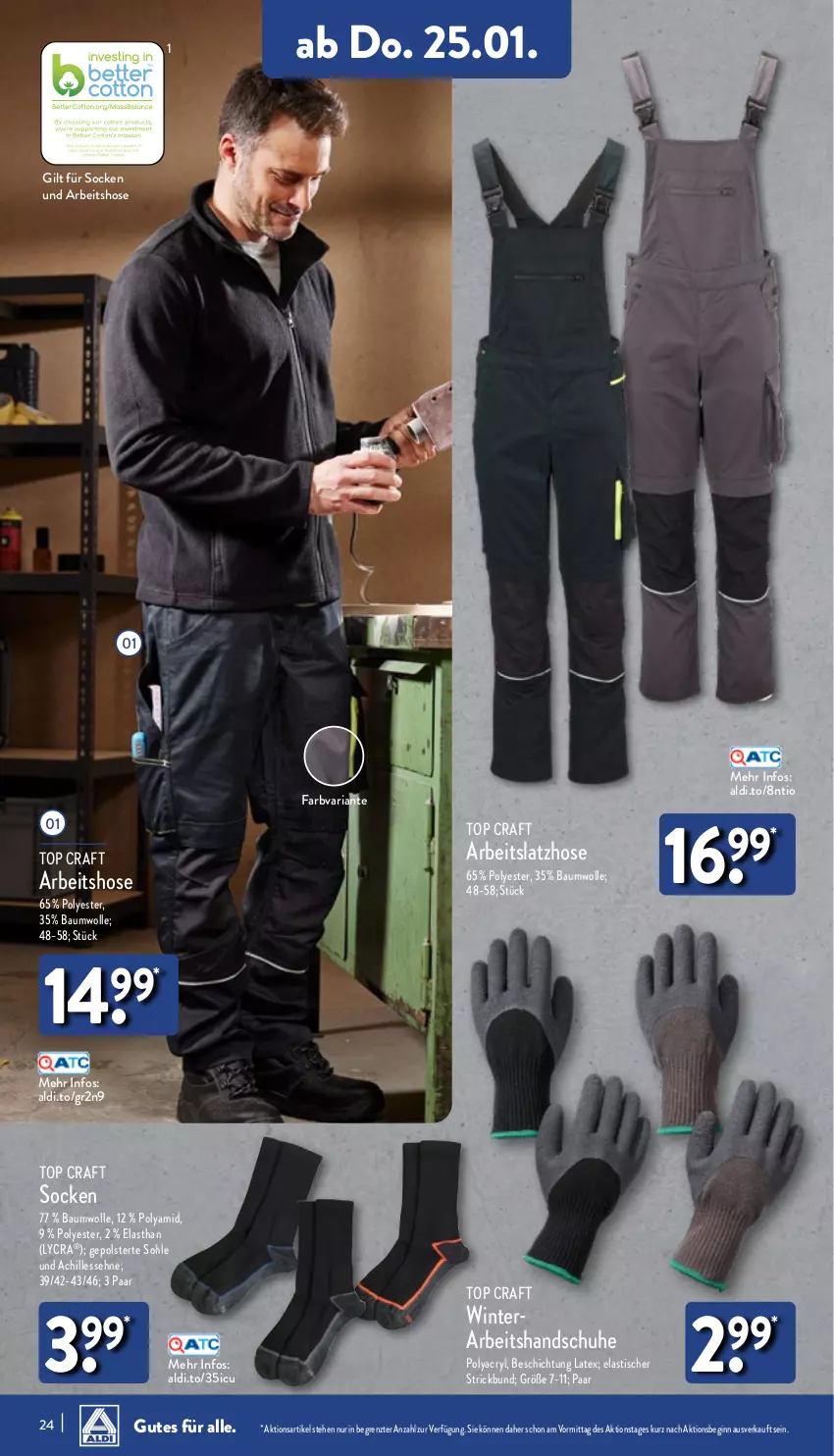 Aktueller Prospekt Aldi Nord - Von Montag - von 22.01 bis 27.01.2024 - strona 24 - produkty: aldi, asti, Bau, baumwolle, gin, handschuhe, hose, Latzhose, Ria, schuhe, socken, Ti, tisch, wolle, ZTE