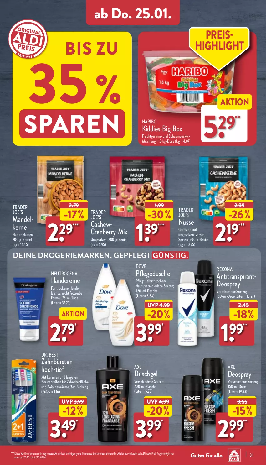 Aktueller Prospekt Aldi Nord - Von Montag - von 22.01 bis 27.01.2024 - strona 31 - produkty: axe, beutel, bürste, bürsten, Cashew, cranberry, creme, deo, deospray, dove, Dr. Best, dusche, duschgel, eis, flasche, frucht, fruchtgummi, handcreme, haribo, mandel, natur, neutrogena, pflegedusche, reis, rexona, salz, Schaumzucker, Ti, zahnbürste, zahnbürsten, ZTE, zucker