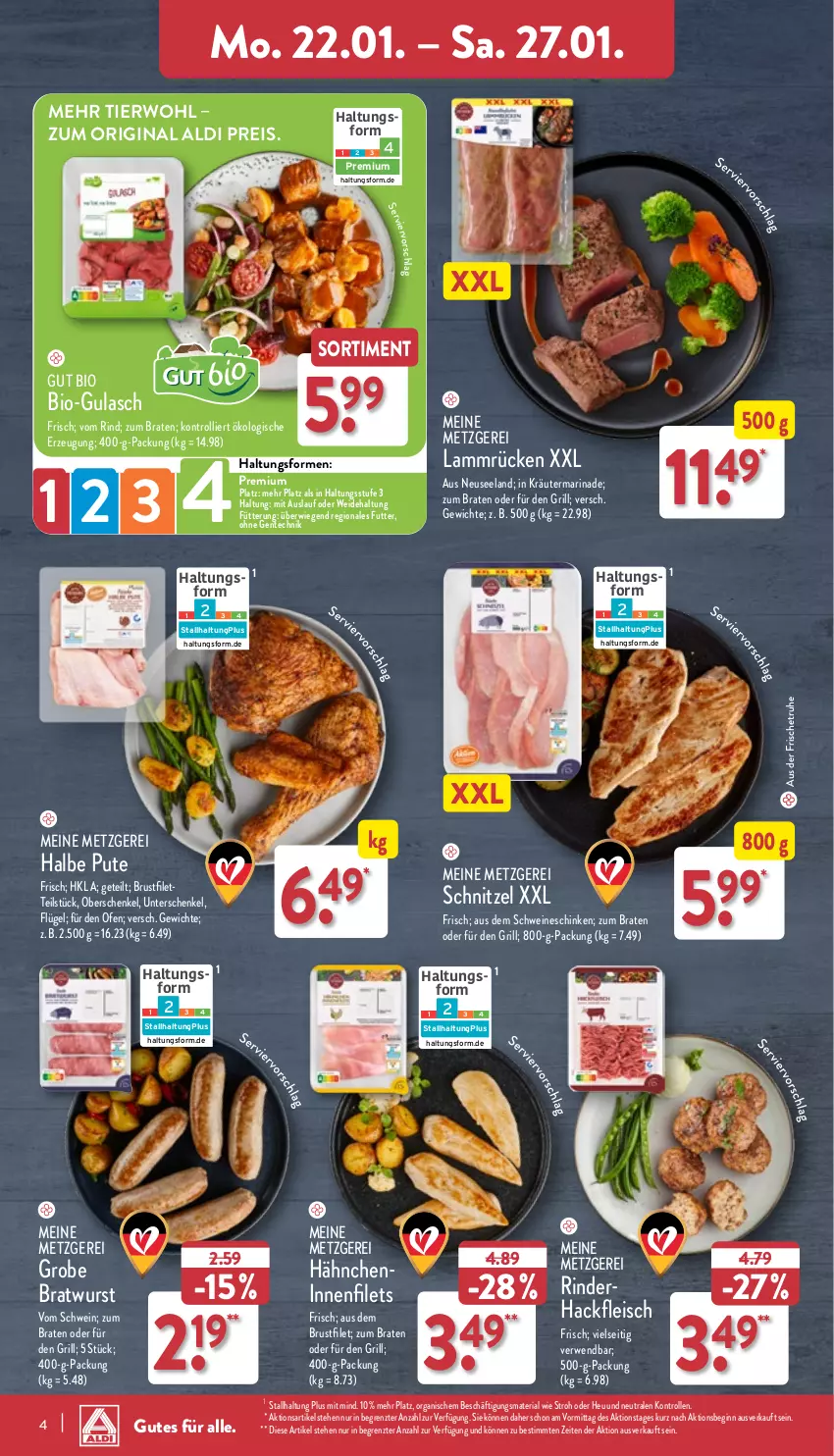 Aktueller Prospekt Aldi Nord - Von Montag - von 22.01 bis 27.01.2024 - strona 4 - produkty: aldi, bio, braten, bratwurst, brustfilet, eis, Elan, ente, filet, filets, fleisch, gin, grill, grobe bratwurst, gulasch, hackfleisch, henkel, Heu, kräuter, lamm, Lammrücken, marinade, Ofen, pute, reis, Ria, rind, rinder, rinderhackfleisch, rwe, schenkel, schinken, schnitzel, schwein, schweine, Ti, trolli, wein, weine, wurst, ZTE