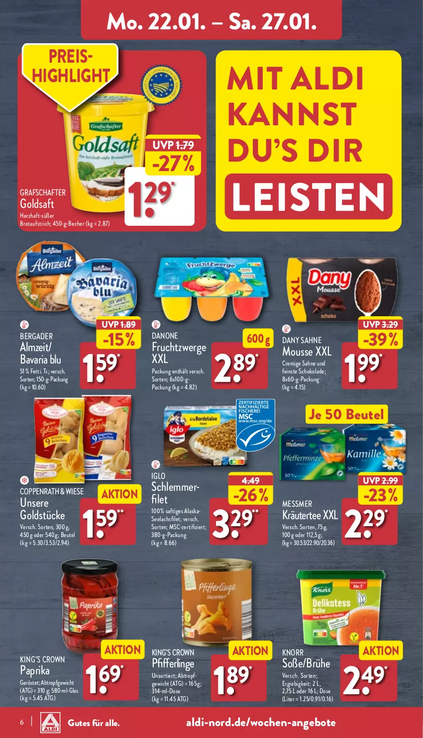 Aktueller Prospekt Aldi Nord - Von Montag - von 22.01 bis 27.01.2024 - strona 6 - produkty: aldi, angebot, angebote, aufstrich, bavaria blu, Becher, bergader, beutel, brot, brotaufstrich, Brühe, coppenrath, danone, danone fruchtzwerge, Dany, dany sahne, eis, filet, frucht, fruchtzwerge, goldsaft, Goldstücke, grafschafter, iglo, knorr, kräuter, lachs, lachsfilet, mousse, paprika, Pfifferlinge, reis, Ria, saft, sahne, schlemmerfilet, schoko, schokolade, seelachsfilet, Soße, tee, Ti