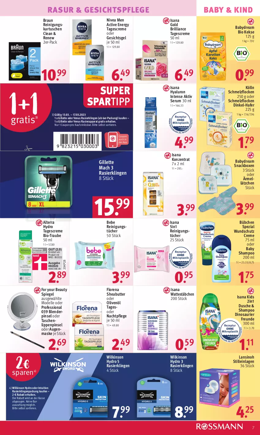 Aktueller Prospekt Rossmann - Prospekte - von 13.03 bis 17.03.2023 - strona 9 - produkty: alterra, Augenmaske, Baby Shampoo, babydream, Bebe, bio, Blender, braun, bübchen, butter, coupon, creme, dell, dusche, elle, For Your Beauty, gesichtspflege, gillette, hafer, hyaluron, isana, keks, kekse, kölln, Lätzche, mac, Maske, Mode, nachtpflege, nivea, Nivea Men, olive, oliven, olivenöl, Pinsel, rasierapparat, Rasierklinge, rasierklingen, Reinigung, reinigungstücher, rum, sana, Serum, shampoo, Sheabutter, snack, spartipp, Spezi, spiegel, tagescreme, Tasche, taschen, Ti, Tiere, tücher, venus, Wattestäbchen, wilkinson, Yo