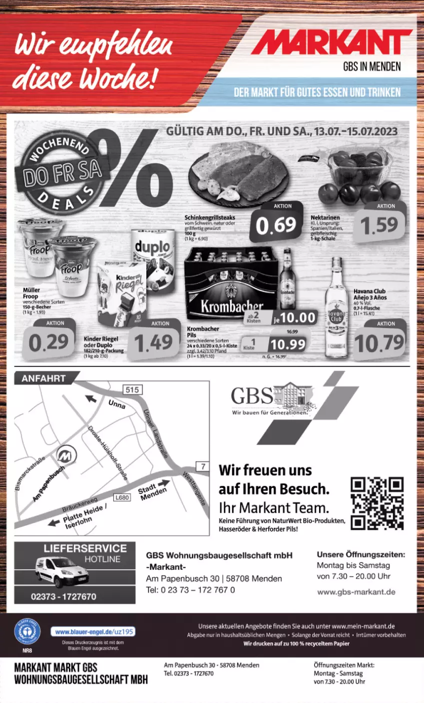 Aktueller Prospekt Markant - Prospekte - von 10.07 bis 15.07.2023 - strona 12 - produkty: angebot, angebote, Bau, Bebe, bio, brot, duplo, elle, flasche, gewürz, grill, hasseröder, Havana Club, Kinder, kinder riegel, lieferservice, natur, pils, riegel, rwe, schinken, schwein, steak, steaks, Ti, uhr, wein