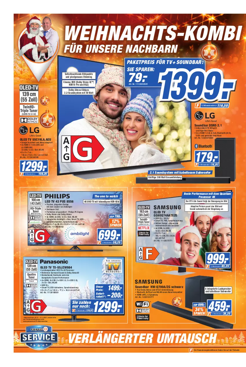 Aktueller Prospekt Expert Technomarkt - Prospekte - von 15.12 bis 24.12.2021 - strona 4 - produkty: alexa, auto, Bau, cin, dvb, DVB-T, eis, gin, HDMI, lautsprecher, led tv, Leuchte, leuchten, LG, oled tv, panasonic, Philips, qled, reis, sim, smart tv, sofortrabatt, soundbar, Subwoofer, The One, Ti, tisch, tuner, uhd, uhd tv, usb