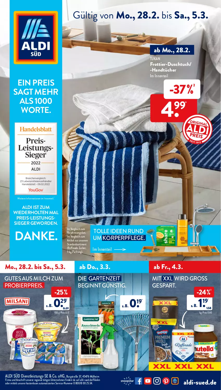 Aktueller Prospekt AldiSud - ALDI Aktuell - von 28.02 bis 05.03.2022 - strona 1 - produkty: aldi, angebot, auto, bier, duschtuch, eis, ente, Garten, gin, handtücher, körperpflege, milch, Raffinade Zucker, reis, resa, Ti, tuc, tücher, zucker