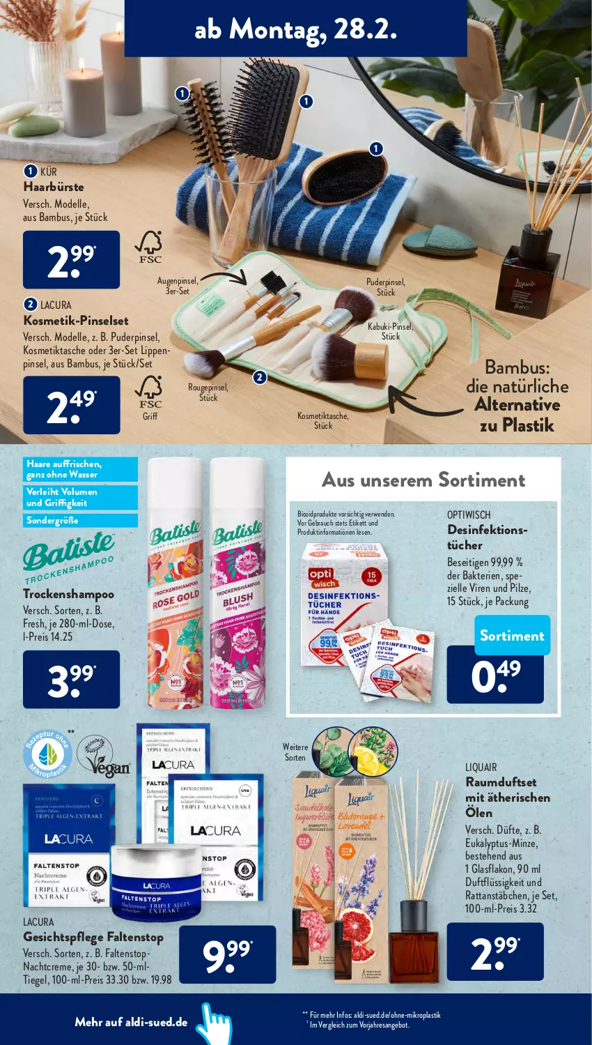 Aktueller Prospekt AldiSud - ALDI Aktuell - von 28.02 bis 05.03.2022 - strona 12 - produkty: aldi, angebot, asti, bambus, bio, biozidprodukte, bürste, creme, dell, Desinfektion, eis, elle, gesichtspflege, kosmetik, Kosmetiktasche, minze, Mode, nachtcreme, Optiwisch, pilze, Pinsel, Pinselset, Rauch, Raumduft, reis, resa, rouge, rwe, shampoo, Spezi, Tasche, Ti, Trockenshampoo, tücher, wasser