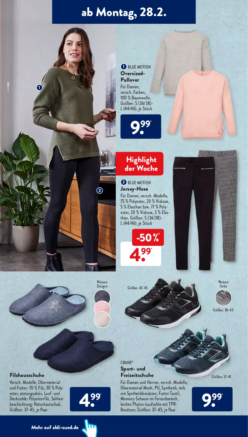 Aktueller Prospekt AldiSud - ALDI Aktuell - von 28.02 bis 05.03.2022 - strona 16 - produkty: aldi, Bau, baumwolle, decksohle, dell, elle, Freizeitschuhe, Hausschuhe, hose, Hylo, Mode, natur, Pullover, Ria, schuhe, Sport, Ti, wolle