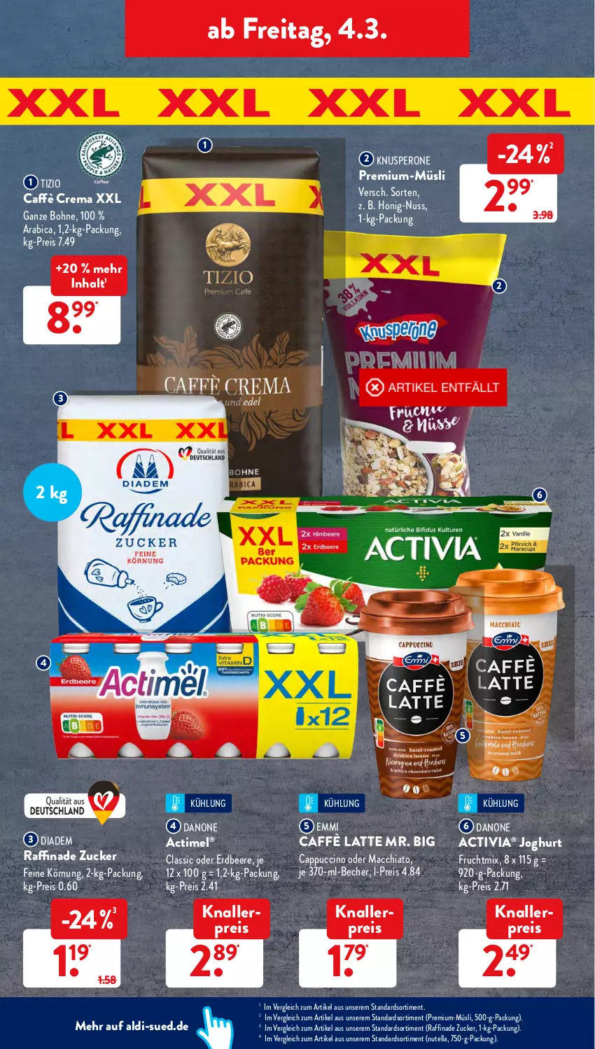 Aktueller Prospekt AldiSud - ALDI Aktuell - von 28.02 bis 05.03.2022 - strona 34 - produkty: ACC, actimel, activia, aldi, Becher, beere, bohne, caffè crema, caffè latte, Cap, cappuccino, chia, cin, danone, danone activia, diadem, eis, emmi, erdbeere, frucht, honig, joghur, joghurt, knallerpreis, latte, mac, macchiato, müsli, nuss, nutella, Raffinade Zucker, reis, Ti, zucker