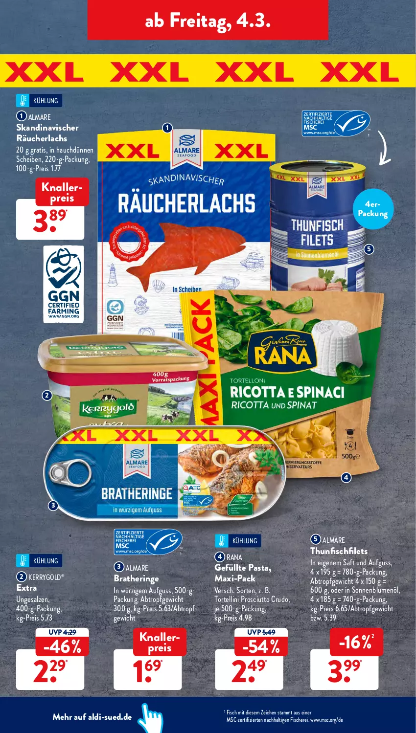 Aktueller Prospekt AldiSud - ALDI Aktuell - von 28.02 bis 05.03.2022 - strona 36 - produkty: aldi, almare, blume, blumen, blumenöl, Bratheringe, eis, filet, filets, fisch, fische, Fischer, hering, kerrygold, knallerpreis, lachs, pasta, prosciutto, prosciutto crudo, Rana, Räucherlachs, reis, ring, saft, salz, Schere, sonnenblume, sonnenblumen, sonnenblumenöl, thunfisch, Ti, torte, tortellini