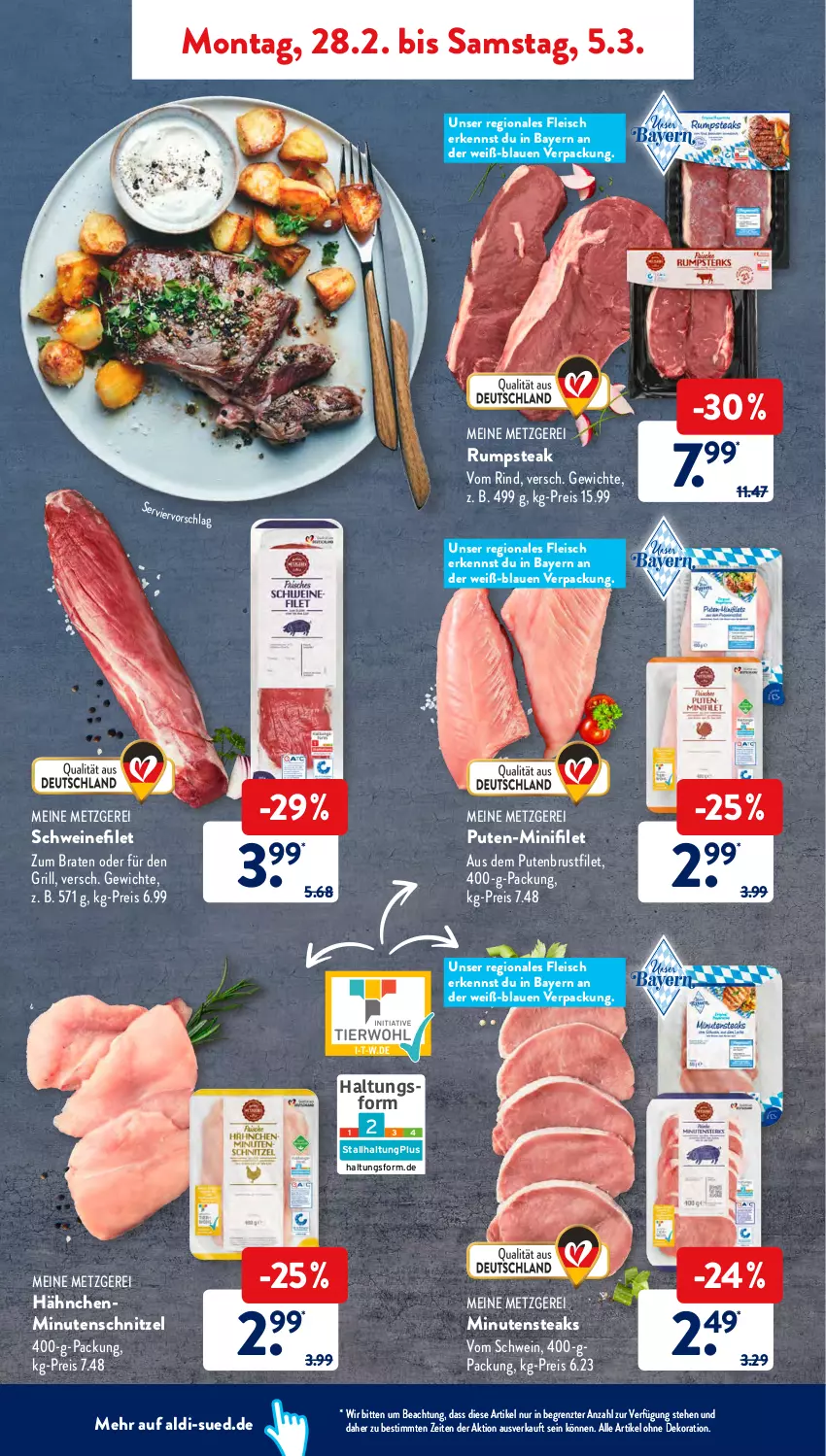 Aktueller Prospekt AldiSud - ALDI Aktuell - von 28.02 bis 05.03.2022 - strona 4 - produkty: aldi, alle artikel ohne dekoration, braten, brustfilet, dekoration, eis, filet, fleisch, grill, minutenschnitzel, minutensteaks, pute, putenbrust, putenbrustfilet, reis, rind, rum, rumpsteak, schnitzel, schwein, schweine, schweinefilet, steak, steaks, Ti, wein, weine, ZTE