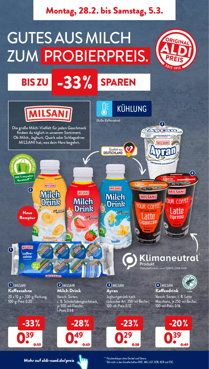 Aktueller Prospekt AldiSud - ALDI Aktuell - von 28.02 bis 05.03.2022 - strona 6 - produkty: ACC, aldi, Ayran, Becher, bier, chia, decke, Deckel, drink, eis, flasche, getränk, je 500-ml-flasche, joghur, joghurt, kaffee, Kaffeedrink, latte, latte macchiato, LG, mac, macchiato, milch, quark, reis, rezept, sahne, schlagsahne, schoko, schokolade, schokoladen, Ti