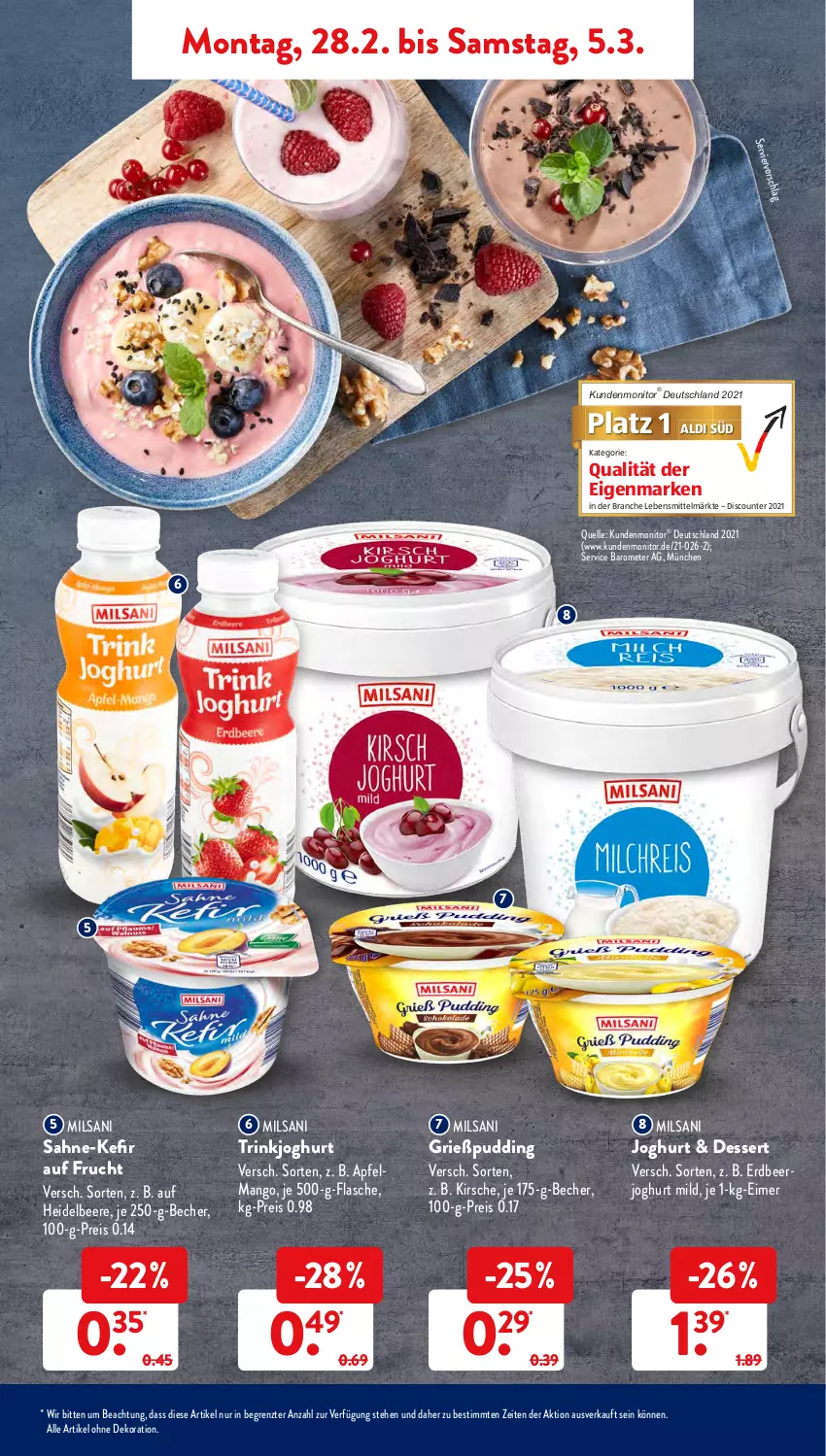 Aktueller Prospekt AldiSud - ALDI Aktuell - von 28.02 bis 05.03.2022 - strona 7 - produkty: aldi, alle artikel ohne dekoration, apfel, Becher, beere, dekoration, dessert, discount, eimer, eis, elle, flasche, frucht, Grießpudding, heidelbeere, joghur, joghurt, joghurt mild, Kefir, kirsch, kirsche, lebensmittel, mango, monitor, pudding, reis, sahne, Ti, ZTE