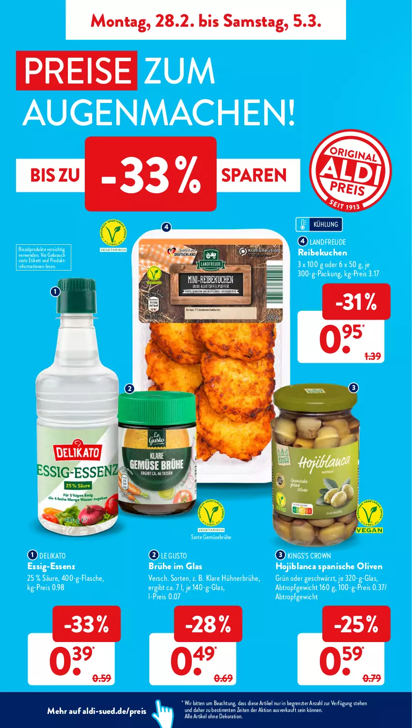 Aktueller Prospekt AldiSud - ALDI Aktuell - von 28.02 bis 05.03.2022 - strona 8 - produkty: aldi, alle artikel ohne dekoration, bio, biozidprodukte, Brühe, dekoration, eis, essig, flasche, Gemüsebrühe, hühner, kuchen, mac, olive, oliven, Rauch, reis, rwe, Ti, ZTE