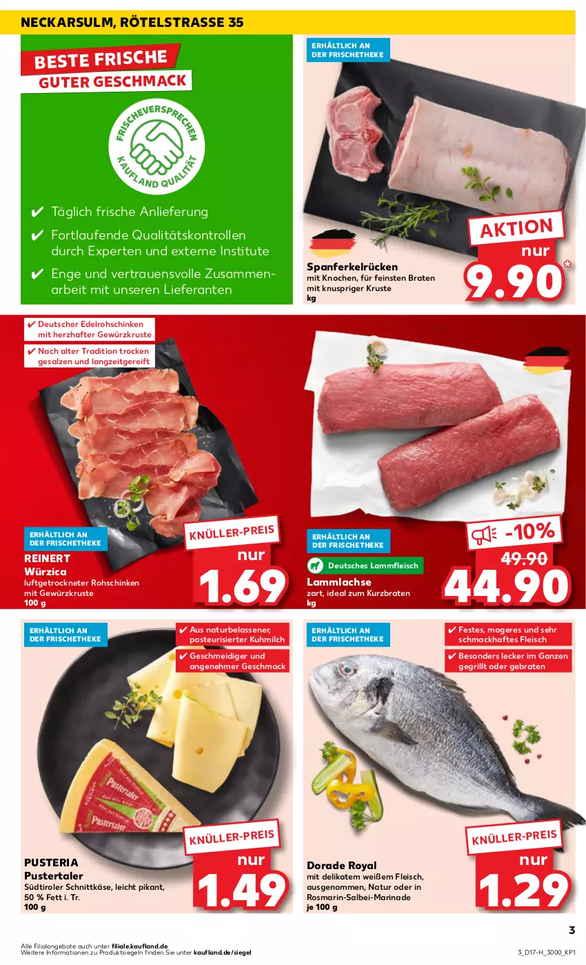 Aktueller Prospekt Kaufland - Extra-Angebote - von 25.04 bis 30.04.2024 - strona 3 - produkty: angebot, angebote, braten, Dorade, dorade royal, eis, fleisch, gewürz, grill, Käse, lachs, lamm, Lammfleisch, lammlachse, Laufen, mac, marinade, milch, natur, reinert, Ria, rohschinken, rosmarin, salz, schinken, schnittkäse, südtiroler, Ti