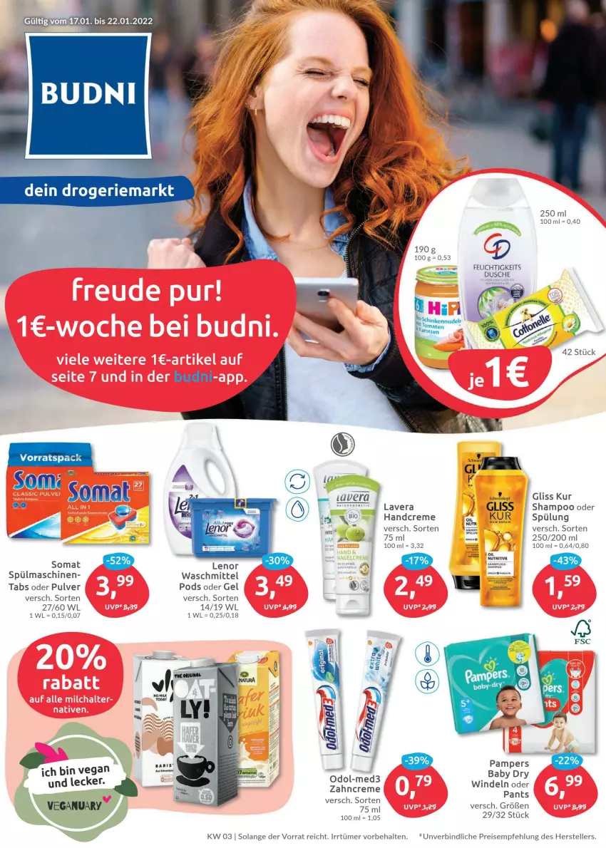 Aktueller Prospekt Budni - Prospekte - von 17.01 bis 22.01.2022 - strona 1 - produkty: creme, eis, elle, gliss, gliss kur, handcreme, lavera, Odol, pampers, pampers baby dry, Pants, Pods, reis, shampoo, somat, spülmaschinen, spülung, teller, Ti, waschmittel, windeln, windeln oder pants, zahncreme