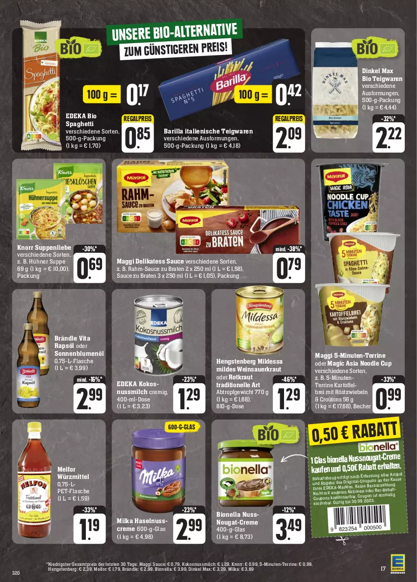 Aktueller Prospekt Edeka - Angebote der Woche - von 25.09 bis 30.09.2023 - strona 21 - produkty: auer, barilla, Becher, bio, blume, blumen, blumenöl, braten, Brei, coupon, coupons, creme, deka, delikatess sauce, edeka bio, eis, elle, ente, flasche, gin, haselnuss, Haselnusscreme, hengstenberg, hühner, kartoffel, kartoffelbrei, knorr, kokos, kokosnuss, Kokosnussmilch, Kraut, LG, maggi, milch, milka, mit röstzwiebeln, nuss, pet-flasche, rapsöl, regal, reis, röstzwiebeln, sauce, Sauerkraut, sonnenblume, sonnenblumen, sonnenblumenöl, spaghetti, suppe, suppen, suppenliebe, teigwaren, terrine, Ti, vita, wein, Weinsauerkraut, ZTE, zwiebel, zwiebeln