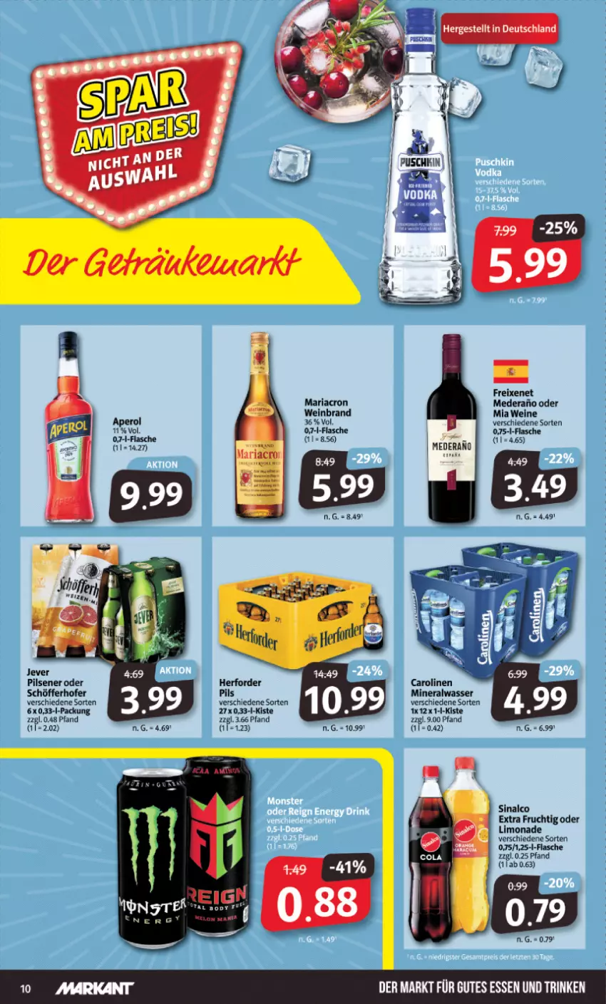 Aktueller Prospekt Markant - Prospekte - von 02.10 bis 07.10.2023 - strona 10 - produkty: Alwa, aperol, flasche, freixenet, frucht, gutes essen, jever, jever pilsener, limo, limonade, mineralwasser, pils, pilsener, schöfferhofer, sinalco, Ti, wasser, wein, weine