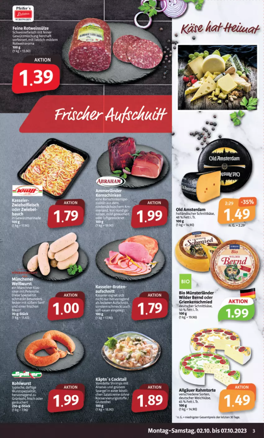 Aktueller Prospekt Markant - Prospekte - von 02.10 bis 07.10.2023 - strona 3 - produkty: ananas, auer, bio, cocktail, creme, deutscher schnittkäse, deutscher weichkäse, eis, fleisch, gewürz, Gewürzmischung, Grienkenschmied, holländischer schnittkäse, Käse, LG, Old Amsterdam, reis, rotwein, salat, salatcreme, schnittkäse, schwein, schweine, schweinefleisch, Ti, torte, weichkäse, wein, weine, Wild, Wilder Bernd, wurst, ZTE