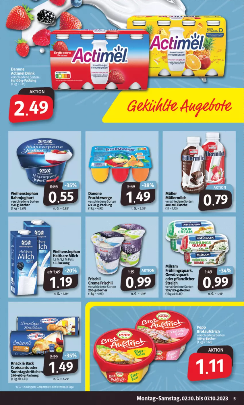 Aktueller Prospekt Markant - Prospekte - von 02.10 bis 07.10.2023 - strona 5 - produkty: actimel, Becher, brötchen, creme, Croissant, croissants, danone, flasche, frischli, frucht, fruchtzwerge, gewürz, gewürzquark, haltbare milch, joghur, joghurt, milch, Müller, müllermilch, quark, rahmjoghurt, Sonntagsbrötchen, Ti, weihenstephan