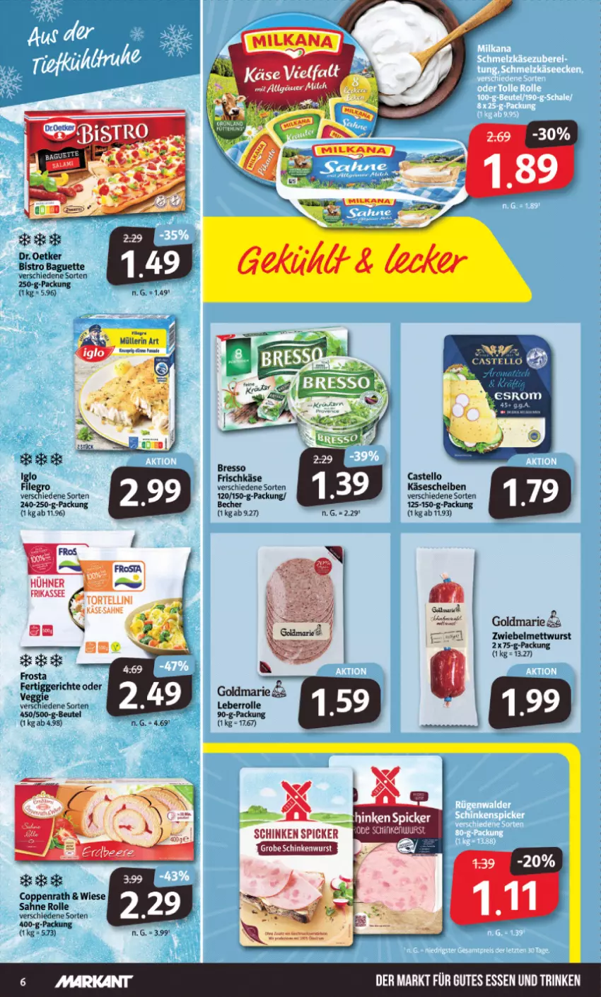 Aktueller Prospekt Markant - Prospekte - von 02.10 bis 07.10.2023 - strona 6 - produkty: acer, Becher, beutel, bresso, fertiggericht, fertiggerichte, frischkäse, frosta, goldmarie, iglo, Käse, käse vielfalt, käsescheiben, Mett, mettwurst, Müller, müllerin art, sahne, schinken, schinken spicker, Ti, veggie, wurst, zwiebel, zwiebelmettwurst