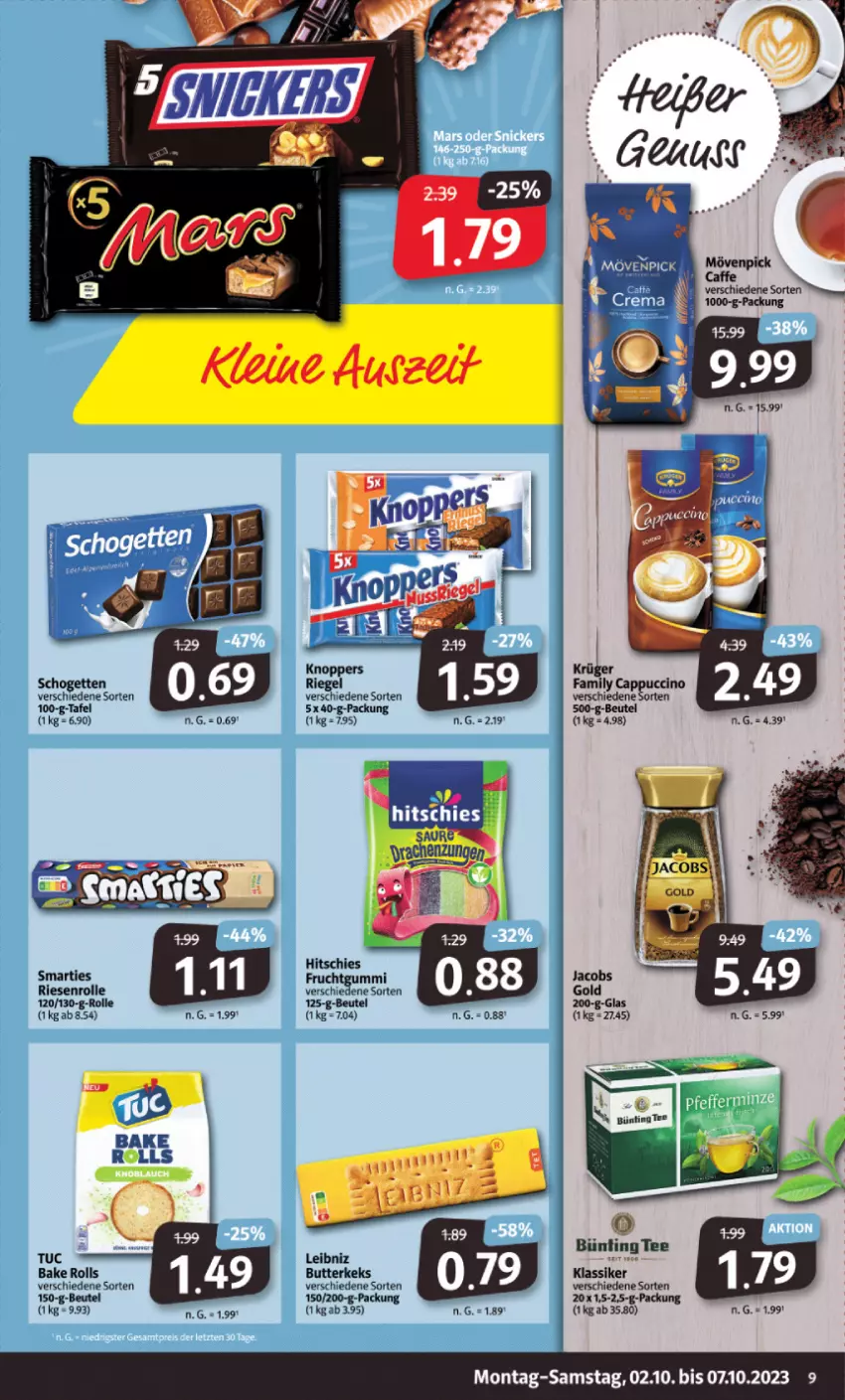 Aktueller Prospekt Markant - Prospekte - von 02.10 bis 07.10.2023 - strona 9 - produkty: beutel, bünting tee, butter, butterkeks, Cap, cappuccino, cin, frucht, fruchtgummi, keks, knoppers, leibniz, riegel, smarties, tee, Ti, tuc