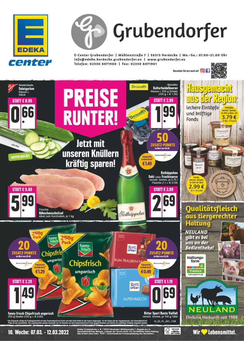 Aktueller Prospekt E Center - Angebote der Woche - von 07.03 bis 12.03.2022 - strona 1 - produkty: angebot, angebotspreis, beere, beeren, beutel, braten, chips, chipsfrisch, decke, deka, deutschlandcard, ecco, eis, ente, erde, flasche, frucht, fruchtsecco, funny-frisch, gurke, gurken, Hähnchenschnitzel, heidelbeere, heidelbeeren, lebensmittel, LG, reis, rotkäppchen, salat, Salatgurke, salatgurken, Schal, Schale, schnitzel, sekt, telefon, Ti, uhr