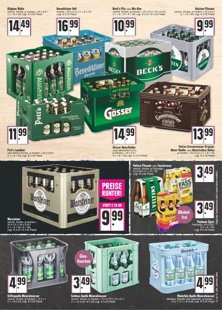 Aktueller Prospekt E Center - Angebote der Woche - von 07.03 bis 12.03.2022 - strona 9 - produkty: aeg, alkohol, Alwa, Benediktiner, bier, brause, elle, fassbrause, getränk, getränke, gin, gösser, grevensteiner, holsten, holsten pilsener, LG, mineralwasser, natur, pils, pilsener, radler, rel, rheinfels quelle, Spezi, steiner, tee, Ti, veltins, veltins pilsener, warsteiner, wasser