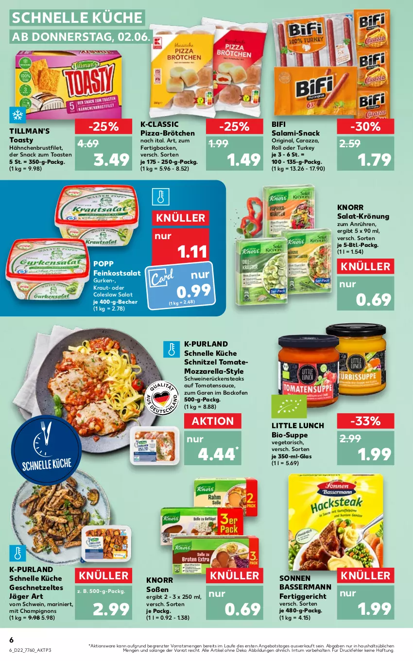 Aktueller Prospekt Kaufland - von 02.06 bis 08.06.2022 - strona 10 - produkty: angebot, backofen, Becher, bifi, bio, brötchen, brustfilet, champignon, champignons, Coleslaw, elle, feinkost, fertiggericht, filet, geschnetzeltes, gin, gurke, gurken, hähnchenbrust, hähnchenbrustfilet, knorr, Kraut, küche, mozzarella, Ofen, pizza, Popp, purland, rel, Rückensteak, rückensteaks, salami, salat, sauce, schnitzel, schwein, schweine, schweinerücken, snack, Soße, steak, steaks, suppe, Ti, Tillman's, toast, toasty, tomate, tomaten, tomatensauce, Vegeta, wein, weine, Zelt, ZTE