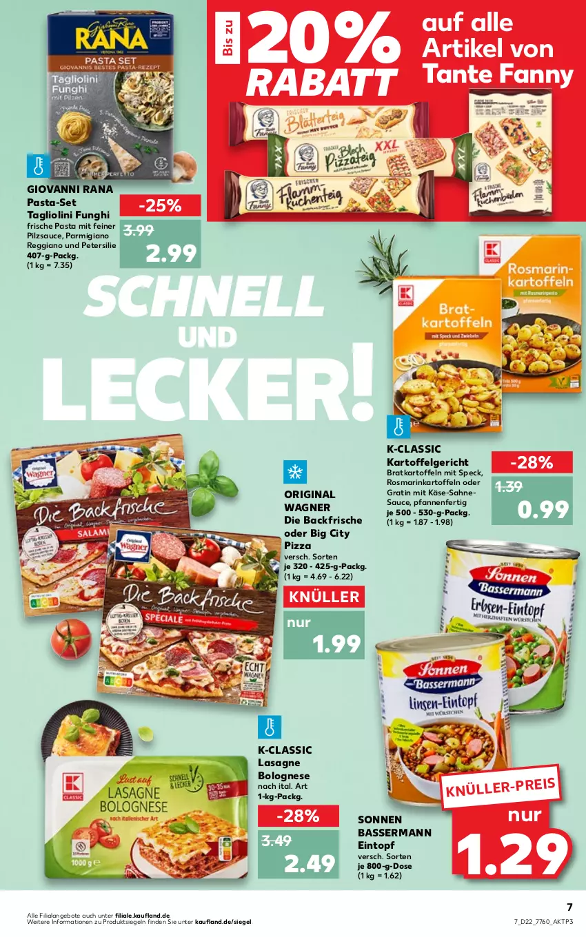 Aktueller Prospekt Kaufland - von 02.06 bis 08.06.2022 - strona 11 - produkty: angebot, angebote, bolognese, eintopf, eis, Frische Pasta, gin, giovanni rana, kartoffel, kartoffeln, Käse, lasagne, LG, original wagner, parmigiano, parmigiano reggiano, pasta, petersilie, pfanne, pfannen, pizza, Rana, reggiano, rosmarin, sahne, sauce, Speck, Tagliolini, tante fanny, Ti, topf, wagner