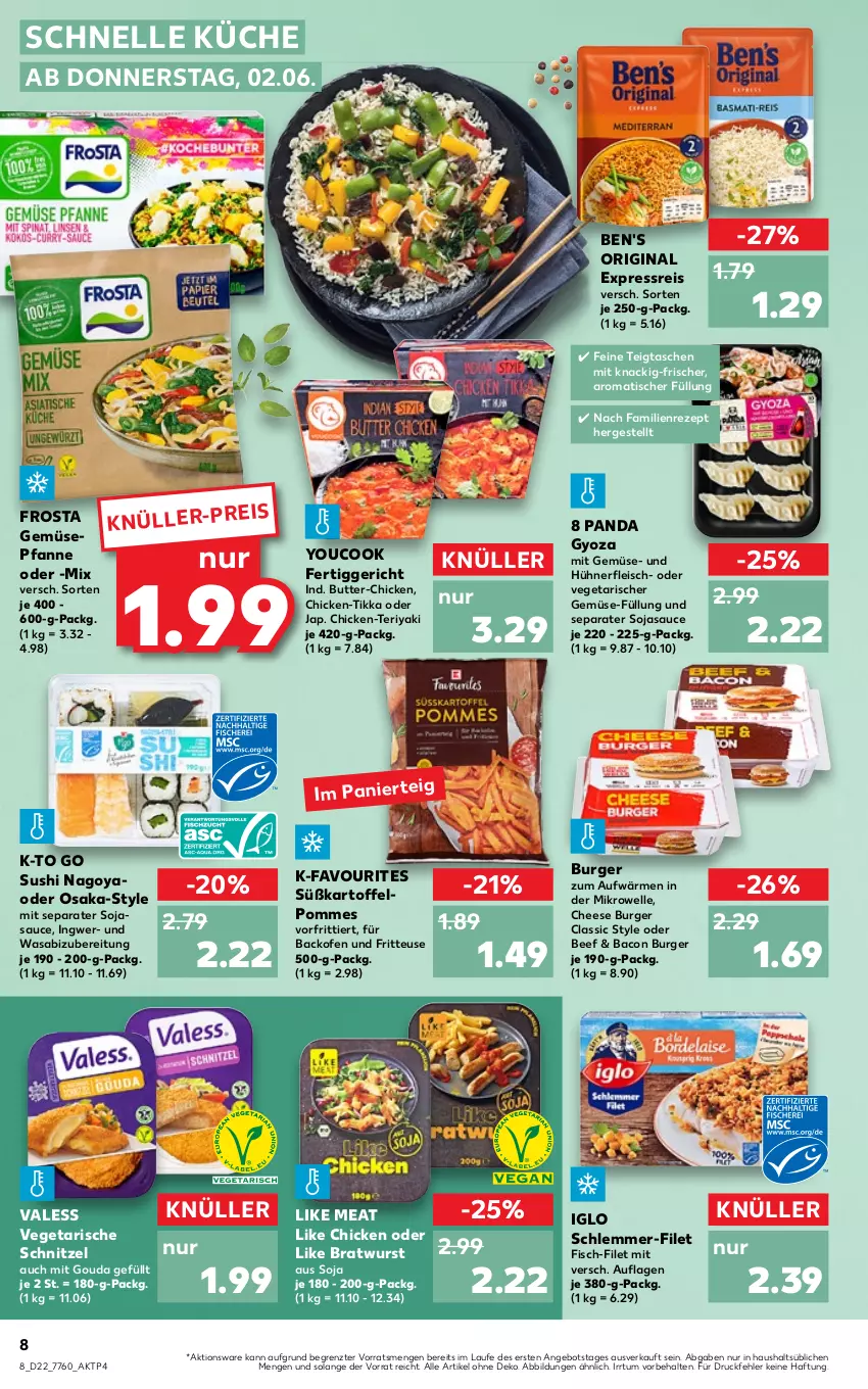 Aktueller Prospekt Kaufland - von 02.06 bis 08.06.2022 - strona 12 - produkty: angebot, backofen, backofen und, bacon, beef, bratwurst, burger, butter, eis, elle, fertiggericht, filet, fisch, fleisch, fritteuse, frosta, gin, gouda, hühner, iglo, ingwer, kartoffel, küche, Like Meat, mikrowelle, mit gemüse, mit gouda, nerf, Ofen, pfanne, pommes, reis, rezept, sauce, schlemmer-filet, schnitzel, soja, sojasauce, Sushi, Tasche, taschen, Ti, tisch, Vegeta, wasa, wurst, Yo, YouCook, ZTE