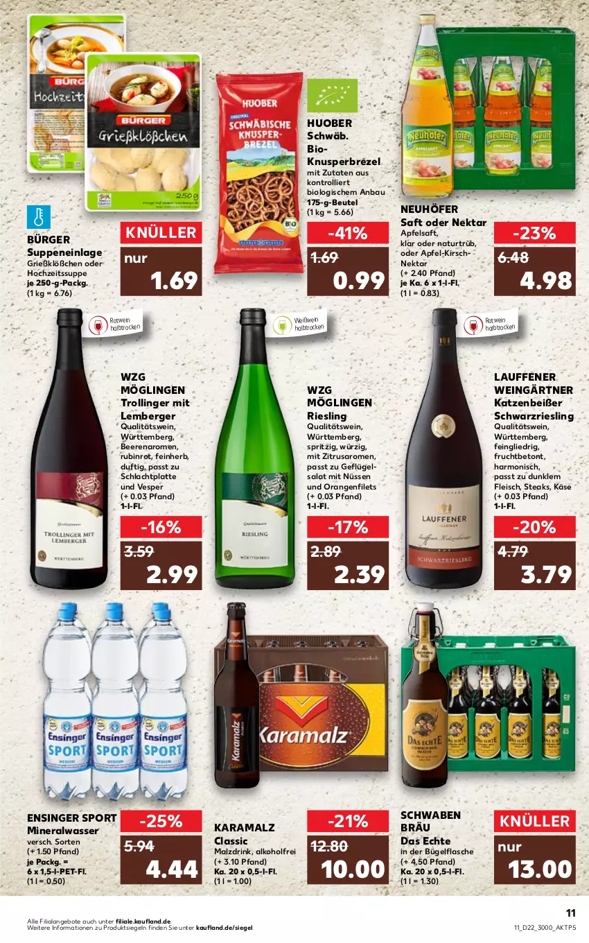 Aktueller Prospekt Kaufland - von 02.06 bis 08.06.2022 - strona 15 - produkty: alkohol, Alwa, angebot, angebote, apfel, apfelsaft, Bau, beere, beeren, Berger, beutel, bio, brezel, bügel, bügelflasche, drink, eis, filet, filets, flasche, fleisch, frucht, Geflügel, geflügelsalat, huober, karamalz, Käse, kirsch, latte, malz, mineralwasser, natur, Nektar, orange, orangen, qualitätswein, rama, riesling, rotwein, Rubin, saft, salat, saro, schwarzriesling, Sport, steak, steaks, suppe, suppen, Ti, trolli, trollinger, wasser, wein, Weißwein