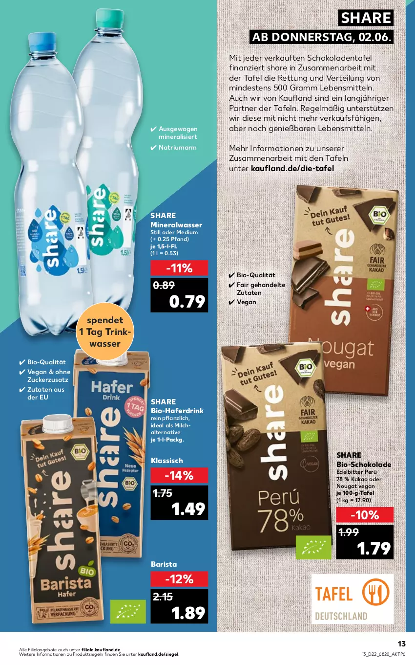 Aktueller Prospekt Kaufland - von 02.06 bis 08.06.2022 - strona 17 - produkty: Alwa, angebot, angebote, bio, drink, hafer, Haferdrink, kakao, lebensmittel, milch, mineralwasser, Mineralwasser Still, schoko, schokolade, schokoladen, Ti, wasser, zucker