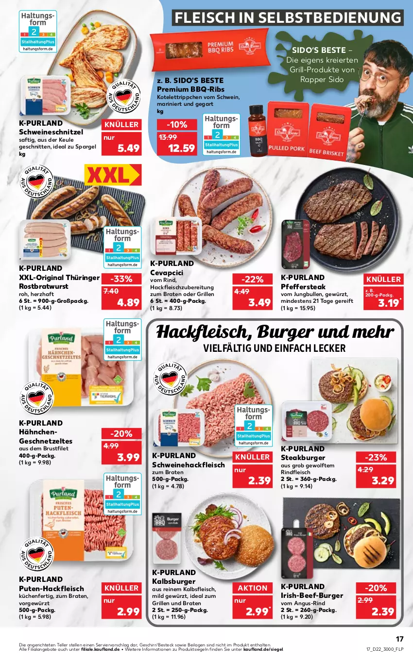 Aktueller Prospekt Kaufland - von 02.06 bis 08.06.2022 - strona 21 - produkty: angebot, angebote, beef, besteck, braten, bratwurst, brustfilet, bsf, burger, cevapcici, eier, eis, elle, filet, fleisch, fleisch in selbstbedienung, geschirr, geschnetzeltes, gewürz, gin, grill, hackfleisch, Hähnchengeschnetzeltes, ideal zum grillen, ilag, jungbullen, kotelett, küche, Küchen, original thüringer, pfeffer, purland, pute, rind, rindfleisch, ring, rostbratwurst, saft, schnitten, schnitzel, schwein, schweine, Schweinehackfleisch, schweineschnitzel, spargel, steak, teller, thüringer rostbratwurst, Ti, wein, weine, wurst, Zelt